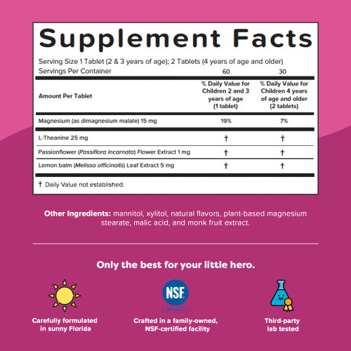Renzo's Captain Calm, Kids Magnesium Supplement with L-theanine, Dissolvable Kids Vitamins for Relaxation and Mood Support, Sugar-Free Calming Supplement, 60 Green Apple Flavored Melty Tabs