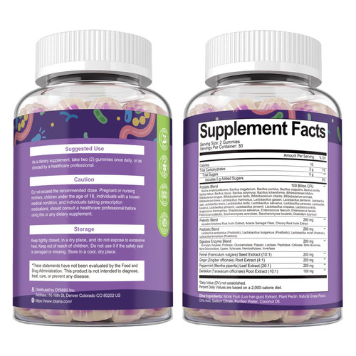 Sugar Free 5-in-1 Probiotic Prebiotic Postbiotic Gummy, 36 Strains Probiotics for Women Men with Digestive Enzymes, Peppermint, Complete Immune, Gut & Digestive Support, Vegan, 60 Ct, Grape Flavor