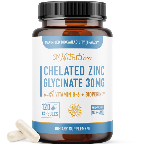 Chelated Zinc Supplements | Zinc Glycinate 30mg | Highly-Absorbable TRAACS Chelated Bisglycinate, Vitamin B6 and BioPerine | Immune Support, Acne & Energy | Non-GMO, Gluten-Free | 120 Capsules