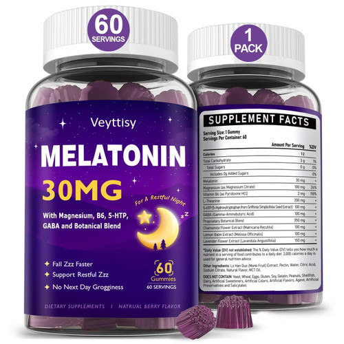 Veyttisy Melatonin 30mg Gummies for Adults - Sugar Free Melatonin Gummies Maximum Strength with Magnesium, B6, GABA & Botanical Blend - Non-Habit Forming,Vegan, Non GMO, Natural Mixed Berry Flavor