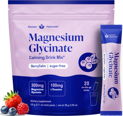 Magnesium Glycinate Powder + L-Theanine | 300 mg High Absorption Chelated Magnesium Powder for Sleep - Mixed Berry Flavor, No Sugar, Support Restful Sleep & Relaxation