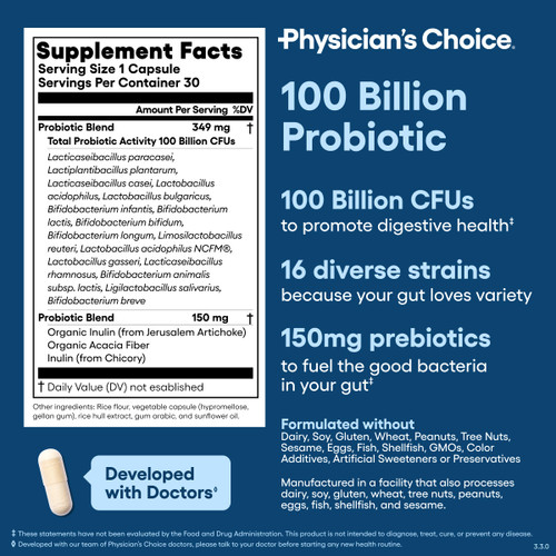 Physician's CHOICE 100 Billion Advanced Probiotic - 16 Strains + Organic Prebiotics - Digestive & Gut Health - Supports Occasional Constipation, Diarrhea, Gas & Bloating - Probiotics for Women & Men