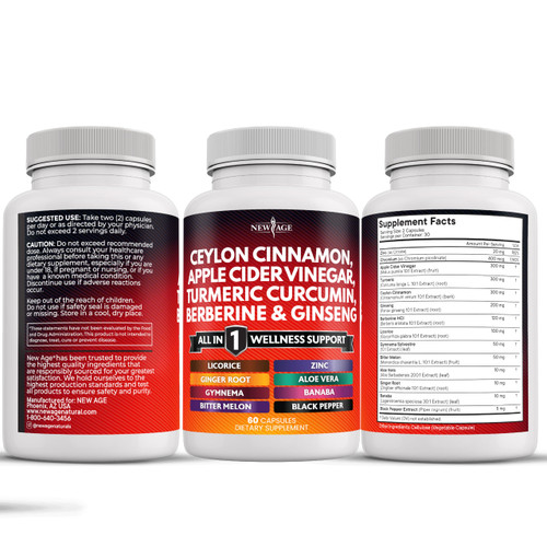 Ceylon Cinnamon, Turmeric, Apple Cider Vinegar, Ginseng, Aloe Vera, Berberine Plus Banaba, Ginger Root - 180 Count