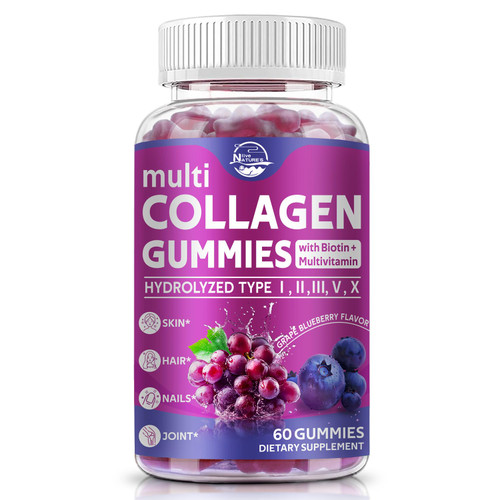 Nature's live Multi Collagen Peptides Gummies, Type I, II, III, V, X - Hydrolyzed Collagen Peptides Gummies, Supports Healthy Skin, Strong Nails & Thick Hair, Grape Blueberry Flavor, 60 Count