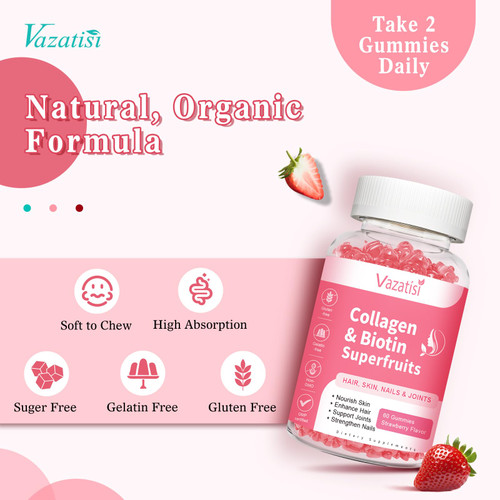 Vazatisi Sugar Free Collagen Gummies for Women Men, Multi Collagen Peptides Gummies Type I II III V X with Biotin Vitamin A B C D E for Hair Skin Nails, Strawberry Flavor, 60 Count