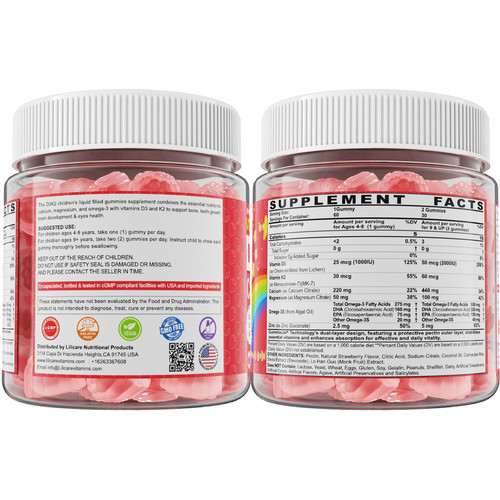 Vitamin D3 K2 + Calcium Liquid-filled Gummies for Kids & Teens, 1000IU/2000IU D3 with Magnesium, Algal Omega 3, Vitamin for Kids for Bones & Teeth, Calcium Absorption, Brain, Immunity,Sugar-Free,60Cts