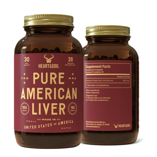 HEART & SOIL 100% Grass Fed & Finished Pure American Beef Liver Supplement from Pasture-Raised Cattle – Beef Liver Capsules – Nature’s Ultimate Superfood – Made in USA – Glass Bottle – 180 Capsules