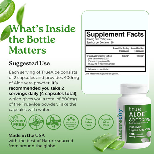 NatureCity True-Aloe Gut Health Support – 80,000mg Aloe Vera Gel Equivalent Per Serving – Organic Aloe Vera (120 Capsules) for Digestive, Skin & Joint Support | Small Easy-to-Swallow Pills
