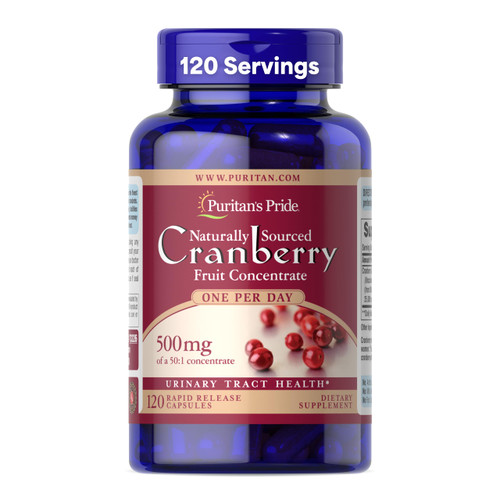 Puritan's Pride Naturally Sourced Cranberry One Per Day Fruit Concentrate 500mg, 50:1 Dietary Supplement for Urinary Tract Support, 4 Month Supply, 120 Rapid Release Capsules