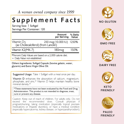 Cocó March N.M.D Vitamin D3+K2 10,000 IU - High Potency Supplement for Women & Men, Immune Support, Bone & Joint Health - Gluten-Free, Non-GMO, 4 Month Supply, 250 mcg D3, 180 mcg of Vitamin K2