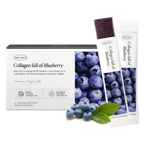 Korean Collagen Jelly Sticks - 25 Blueberry Flavored Marine Collagen Peptide Snacks for Anti-Aging- Collagen Protein Sugar-Free, Travel Packs for Hair & Nail Strength