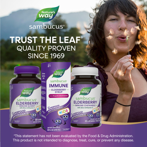 Nature's Way Sambucus Elderberry Immune Syrup for Kids Ages 2+, Echinacea & Propolis, with Superfood Antioxidants(1), Immune Support Syrup*, Vegetarian, Berry Flavored, 8 Fl Oz