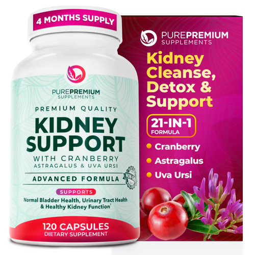 PurePremium Kidney Support Supplement – Kidney Cleanse Detox & Repair with Cranberry Extract & Astragalus - 21-in-1 Complex Supports Normal Bladder, Urinary Tract & Kidneys Health - 120 Day Supply