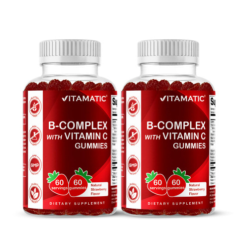 Vitamatic Vitamin B Complex Gummies with Vitamin C & Inositol - Natural Strawberry Flavor - 60 Gummies (2 Bottles)