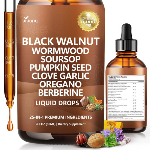 25-in-1 Liposomal Black Walnut Wormwood Clove Tincture, 6660mg Cleanse for Humans Drops Liquid, Lymphatic Support with Garlic, Mullein, Soursop, Pumpkin Seed, Berberine, Turmeric, Echinacea, Cinnamon