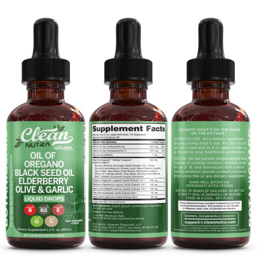 Clean Nutra Oil of Oregano Drops Black Seed Oil Elderberry Vitamin D D3 K2 Olive Garlic Immune Support Supplement Wellness Formula Zinc Supplements Liquid 2 Fl Oz BotaniGuard Vegan, Non-GMO