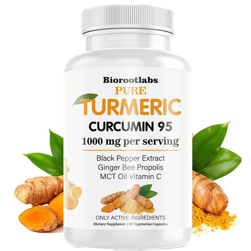 Biorootlabs Turmeric Curcumin | Pure Turmeric Curcumin Supplement 1000mg | 95% Curcuminoids with Bee Propolis, Ginger, MCT Oil, Fat Soluble Vitamin C, & Black Pepper 120 Capsules (1)
