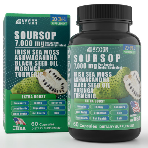Soursop Graviola Supplement with Sea Moss, Moringa, Turmeric, Black Seed Oil, Oregano, Ashwagandha | 20-in-One Herbal extracts for Overall Health-Enhancing | Vegan, Non-GMO | 60 Capsules