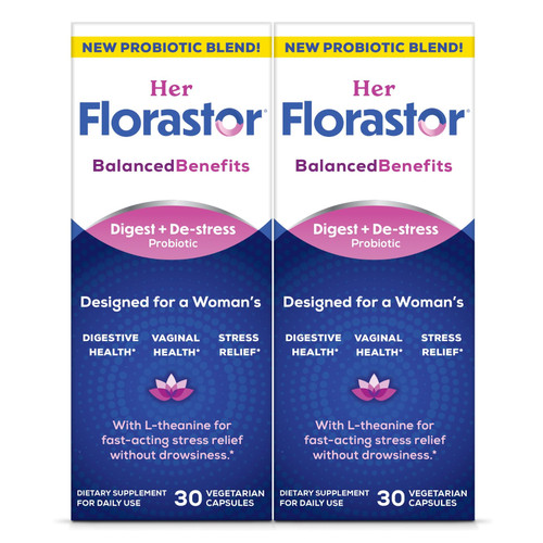 Florastor Probiotics for Women, Digest and De-Stress, Probiotics for Digestive Health, Vaginal Probiotic, and L-Theanine for Mind and Body Wellness, 60 Capsules