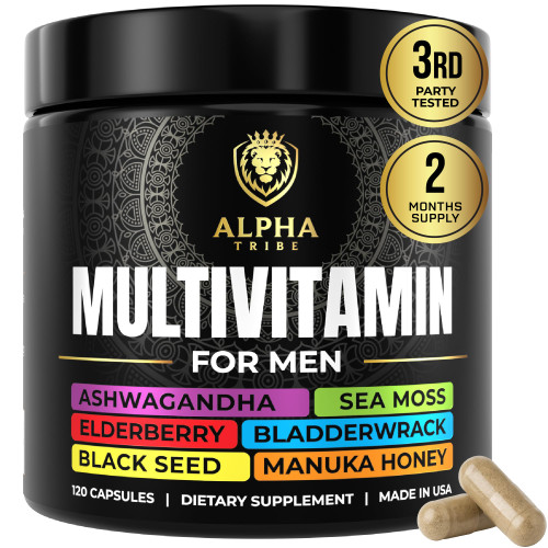 Alpha Tribe Multivitamin for Men with Sea Moss, Black Seed Oil, Ashwagandha, Turmeric Bladderwrack, Burdock,Vitamin C, Elderberry, Manuka, Yellow Dock | Daily Men's Vitamins and Minerals Supplement