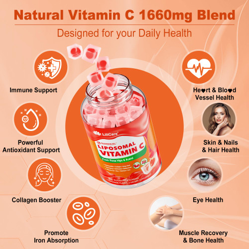 Natural Liposomal Vitamin C 1000mg Gummies for Adults Kids 9+, 1660mg Chewable Vitamin C w/ 11mg Zinc, D3, Elderberry, Echinacea, Bioflavonoid, Immune Support - Organic VIT C from Fruits, Sugar Free