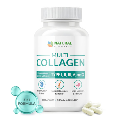 Multi Collagen 180 Protein Capsules - Type I, II, III, V, X Collagen Pills - Proprietary Blend of Eggshell, Chicken, Wild Fish & Grass-Fed Beef Collagen Peptides - 2025mg per serv