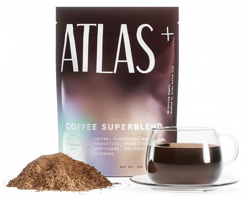 Atlas+ Coffee Superblend– Premium Mushroom Coffee with Collagen, Probiotics, D3 & B12, Lion’s Mane, Reishi, Cordyceps– for Energy, Focus, Immunity & Gut Health– 28 Servings (1 Bag)