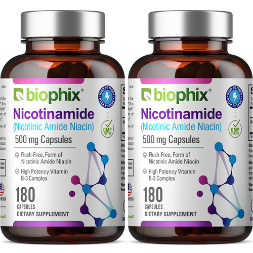 biophix B-3 Nicotinamide 500 mg 180 Caps 2 Pack - Nicotinic Amide Niacin Natural Flush-Free Vitamin Formula - Supports Skin Cell Health