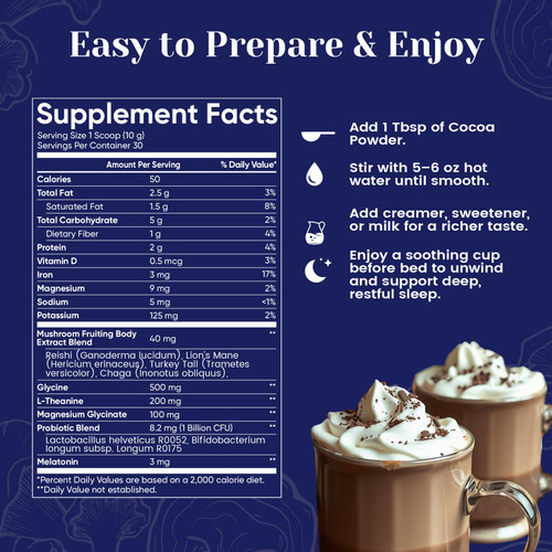 Venture Pal Mushroom Hot Cocoa Powder with Magnesium Glycinate, L-Theanine & Reishi to Calm & Relax, Natural Sleep Aids for Adults Melatonin 3mg, Unsweetened Hot Chocolate for Deep Sleep, 30 Servings