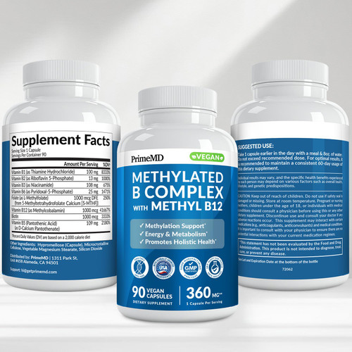 Methylated B Complex with Methylfolate and B12 Methylcobalamin 1000 mcg - Methylated Multivitamin for Energy, Brain Function, and Wellness - Vitamin B Complex for Men & Women (90 Servings) (Pack of 1)