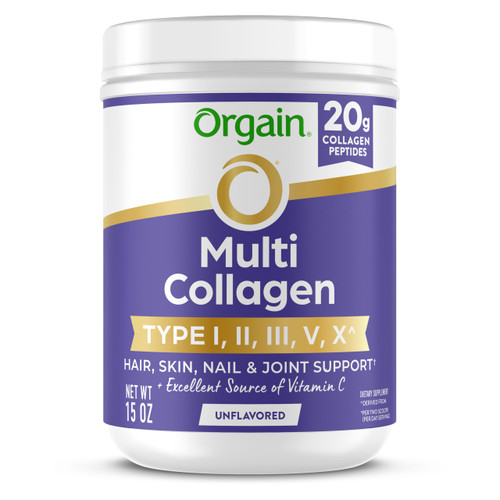 Orgain Hydrolyzed Multi Collagen Powder for Women & Men, 20g Collagen, Supports Hair, Skin, Nail & Joint Health, Type I, II, III, V, X, Vitamin C & Amino Acids, Non-GMO, Unflavored (21 Servings) 15oz