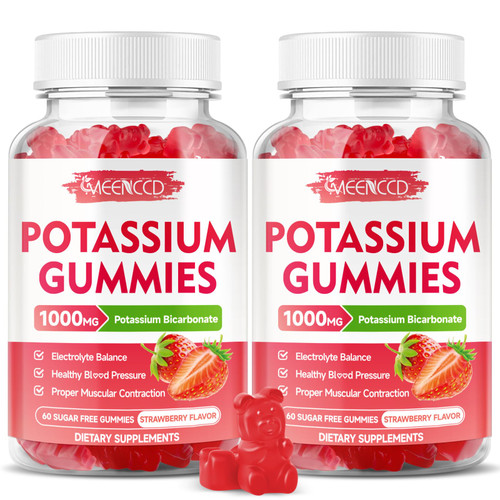 2 Pack Potassium Gummies 1000mg, Potassium Bicarbonate Supplement for Adults & Kids, Potassium Supplement for Electrolyte Balance & Muscle Heath, Sugar-Free, Strawberry Flavor, 120 Count