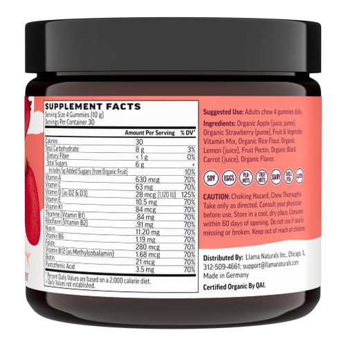 Llama Naturals Multivitamin for Women & Men, Vegan, Organic Gummies with Vitamin D, C & K, Adults Real Fruit Gummy Vitamins, Chewable Multivitamin Supplement, No Added Sugar Cane, Strawberry, 120 Ct