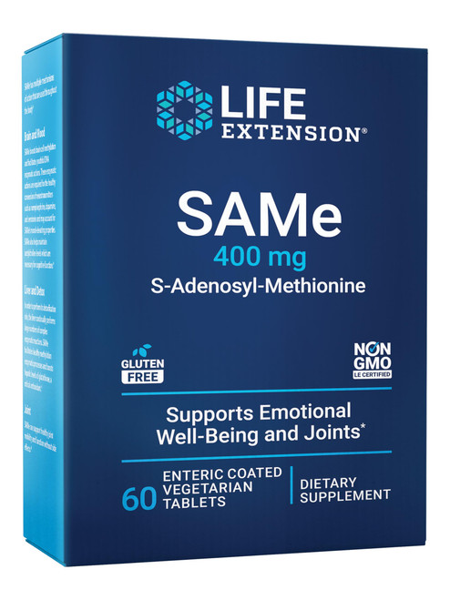 Life Extension Same, S-Adenosyl-Methionine, 400 mg, Best-Selling Mood Health, Liver Health and Joint Support Supplement, Non-GMO, Vegetarian, Gluten Free, 60 enteric-Coated Tablets