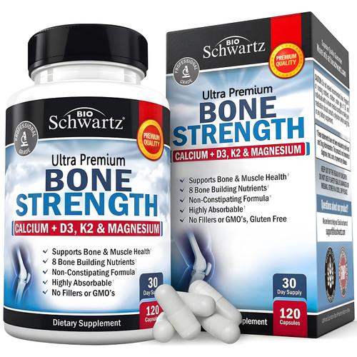 BioSchwartz Bone Strength Supplement - Gentle Non-Constipating Bone Health Supplement for Women & Men with 9-in-1 Complex with Calcium Magnesium Zinc D3 K2 & More - 3rd Party Tested - 1 Month