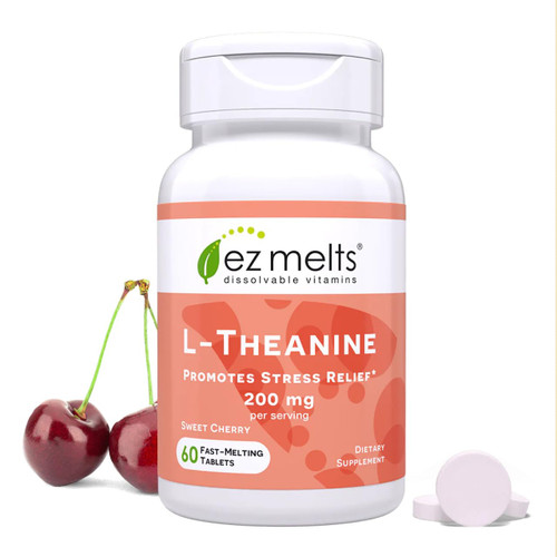 EZ Melts L-Theanine 200 mg - Stress & Relaxation Support Supplement - No Artificial Flavors - No Drowsiness - Non-GMO & Vegan - Sweet Cherry - 60 Dissolvable Tablets (30 Servings)