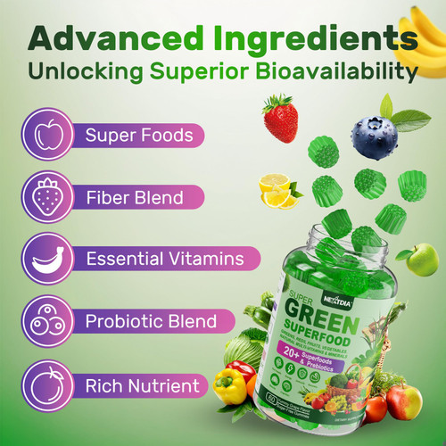 Super Greens Gummies, Greens Superfood Powder Alternative w/Spirulina, Chlorella, Prebiotic Fiber, Probiotic, Fruit Veggie, Daily Greens Vegetable for Digestive & Gut Health, Immunity, Focus, 60 Cts