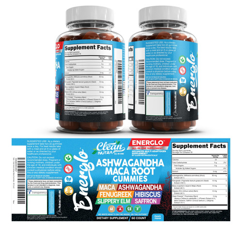 Ashwagandha Maca Root Gummies with Fenugreek Hibiscus Slippery Elm Saffron Extract & Beta Carotene | Peach Flavor Vegan Gummy Vitamins Adaptogen Cortisol Supplement Energlo by Clean Nutra (2)
