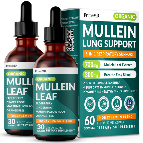 5-in-1 Mullein Drops for Bronchial and Respiratory Support with Mullen Leaf Extract Lung Supplement - Mullein Tincture with Elderberry and Ginger Root, Honey Lemon Flavor (60 Servings, Pack of 2)