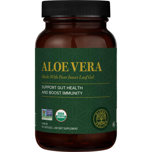 Global Healing Aloe Vera Bio-Active Organic Leaf Supplement - 200x Concentrate Formula with Highest Concentration of Acemannan - Aloin-Free - Gut Health & Immune Support - 60 Capsules
