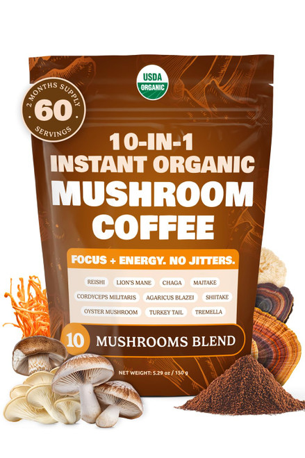 10-in-1 USDA Certified Organic Mushroom Coffee Instant, Instant Mushroom Coffee Brazilian Dark Roast for Better Energy, Focus, Gut Health, 60 Servings Regular Caffeine - ShroomDNA