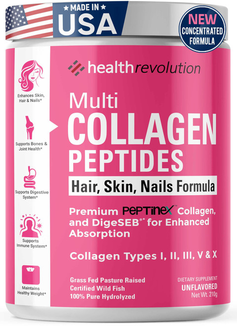 Multi Collagen Peptides Powder – Types I, II, III, V, X, Hydrolyzed Collagen for Women, 99% Absorption, Skin Hair Nails Joints, Triple Refined - No Clumping, Non-GMO, Gluten Free, Grass Fed Unflavored