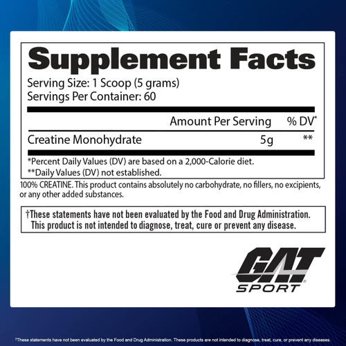 GAT SPORT Creatine Monohydrate 300 Gram Powder, Strength, Brain Health, Anti-oxidant, Endurance, for Men & Women, Unflavored, 60 Servings