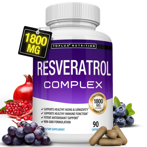 Resveratrol Supplement 1800 mg Antioxidant Complex - Highly Potent Natural Trans-Resveratrol Pills for Healthy Aging, Overall Health Support, Immune System, Brain Function, for Men Women, 90 Capsules