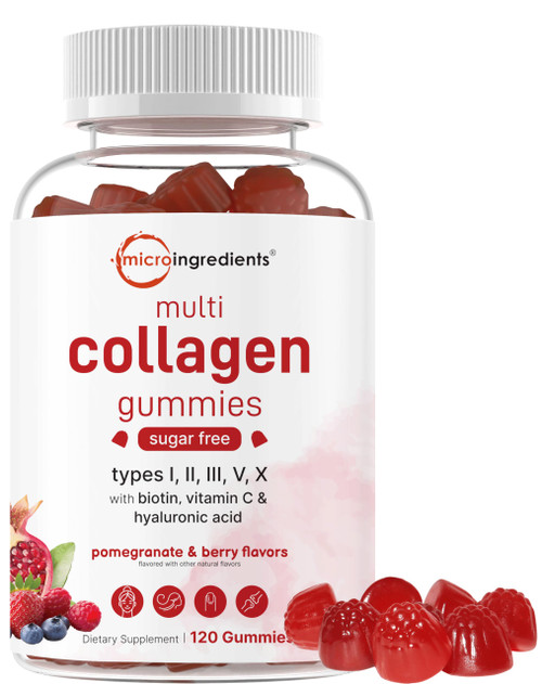 Micro Ingredients Multi Collagen Peptides, 120 Collagen Gummies | Type I,II,III,V,X Protein with Biotin, Hyaluronic Acid, & Vitamin C Complex | Pomegranate & Berry Flavored | Sugar Free, Non-GMO