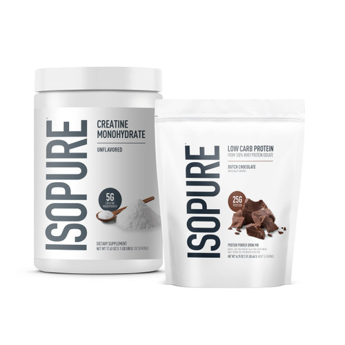 Isopure Bundle of Low Carb 100% Pure Whey Isolate Protein Powder, Dutch Chocolate, 25g Protein Per Serving, 1 Lb, 15 Servings + Isopure 100% Pure Creatine Monohydrate Powder, 100 Servings