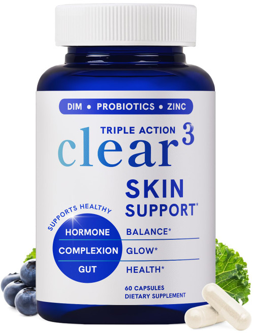 Clear Skin Supplement with Zinc, DIM & Probiotics | 3-in-1 Balance, Glow & Health Skin Support | Triple Action Hyaluronic Acid, Niaciminide & Vitamins for Hormone, Complexion & Gut Support | 60 Ct