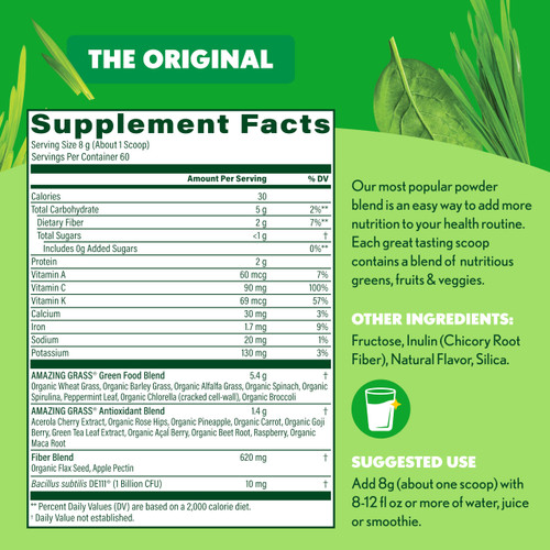 Amazing Grass Greens Blend Superfood: Super Greens Powder with Spirulina, Chlorella, Beet Root Powder, Digestive Enzymes, Prebiotics & Probiotics, Original, 60 Servings (Packaging May Vary)