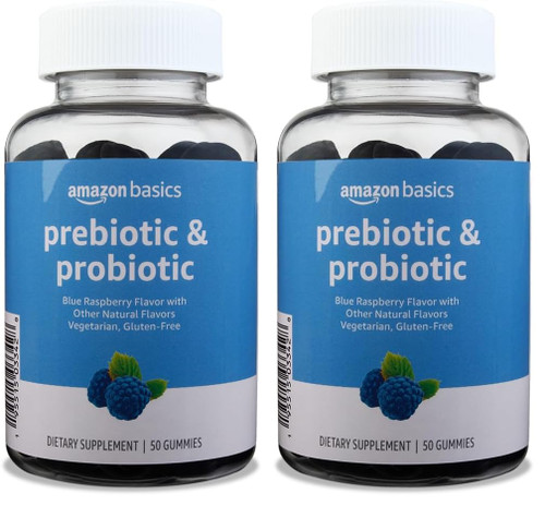 Amazon Basics Prebiotic & Probiotic Gummies, 2 Billion CFU, Blue Raspberry, 50 Count (Previously Solimo) (Pack of 2)