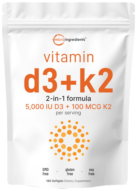 Micro Ingredients Vitamin D3 5,000 IU + K2 MK-7 100 mcg, 180 Softgels | 2-in-1 Formula | Easy to Swallow, Non-GMO